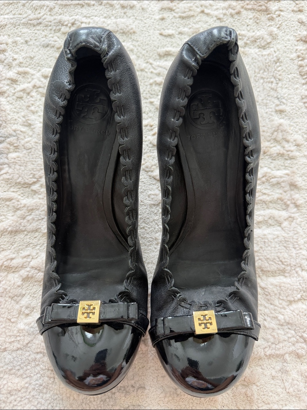 Tory Burch Black Patent & Leather heels with Gold Logo
